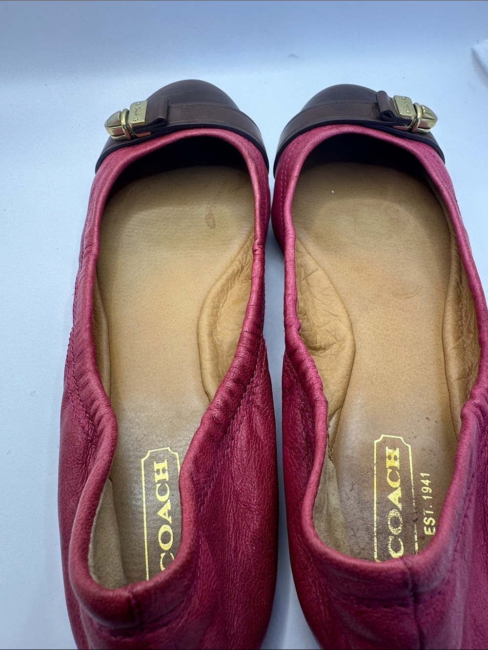 Coach Pink Fabric and Brown Leather Cap-Toe Ballet Flats with Gold Accent - Picture 6 of 11